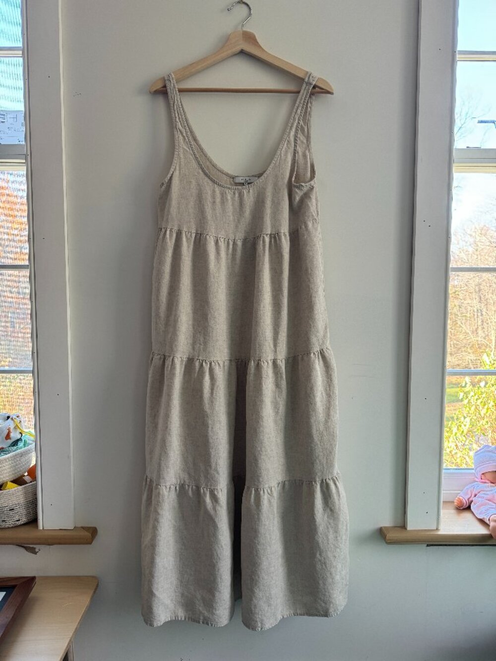 Almina Concept Linen Tiered Midi Dress Scoop Neck Oatmeal Size S